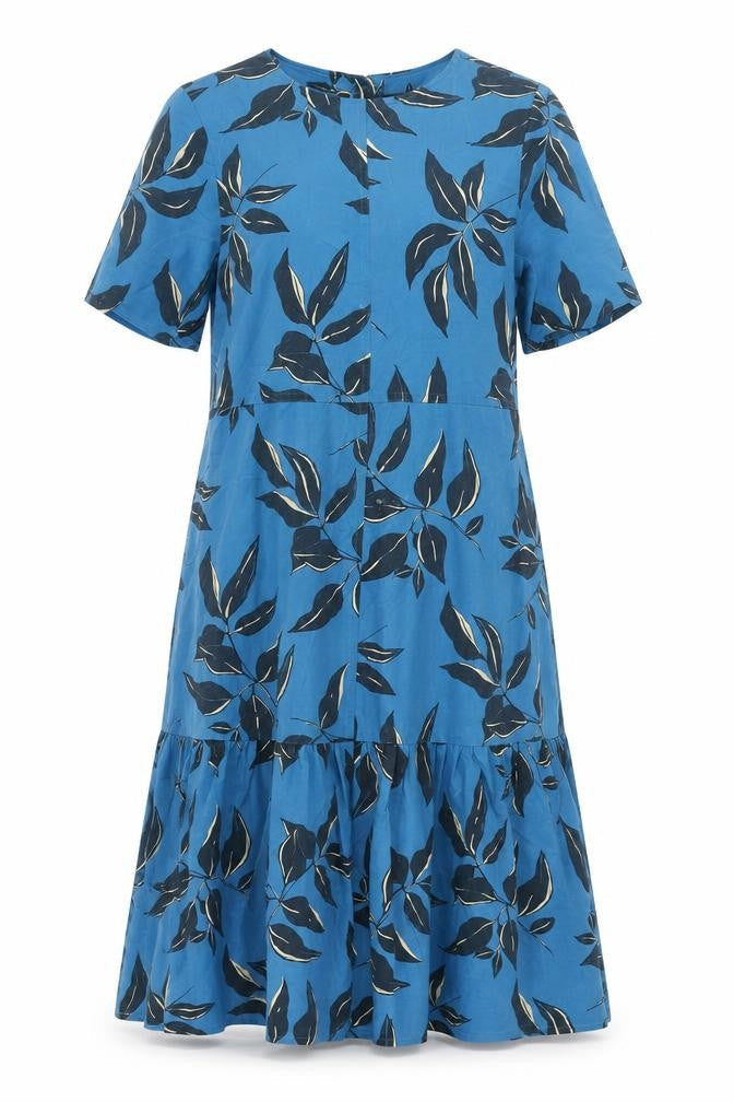 Front view of Autograph women’s blue geometric modal shift, size UK 14, round neck zip - leaf print