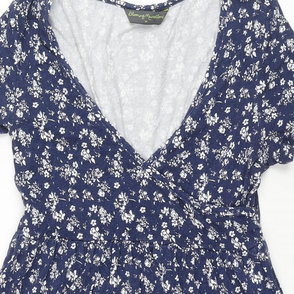 Blooming Marvellou Womens Blue Floral Viscose A-Line Size 10 V-Neck Pullover
