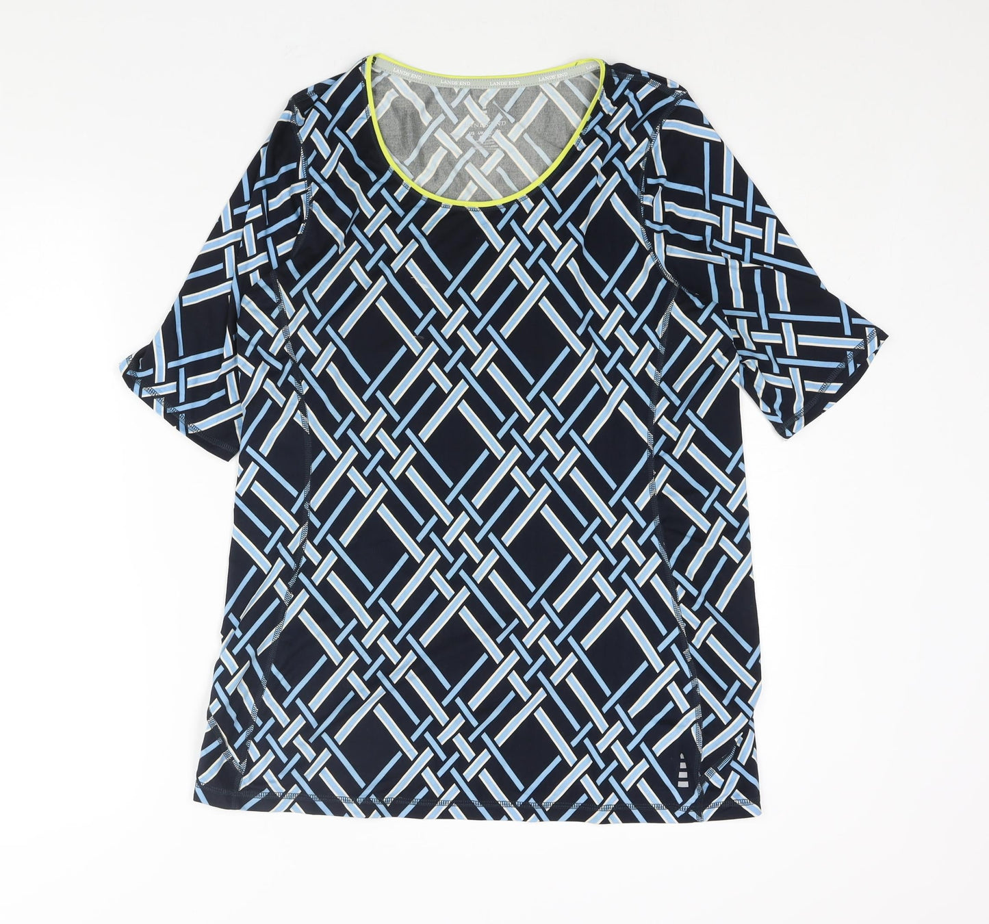 Lands' End Womens Blue Geometric Polyester Basic Blouse Size M Round Neck