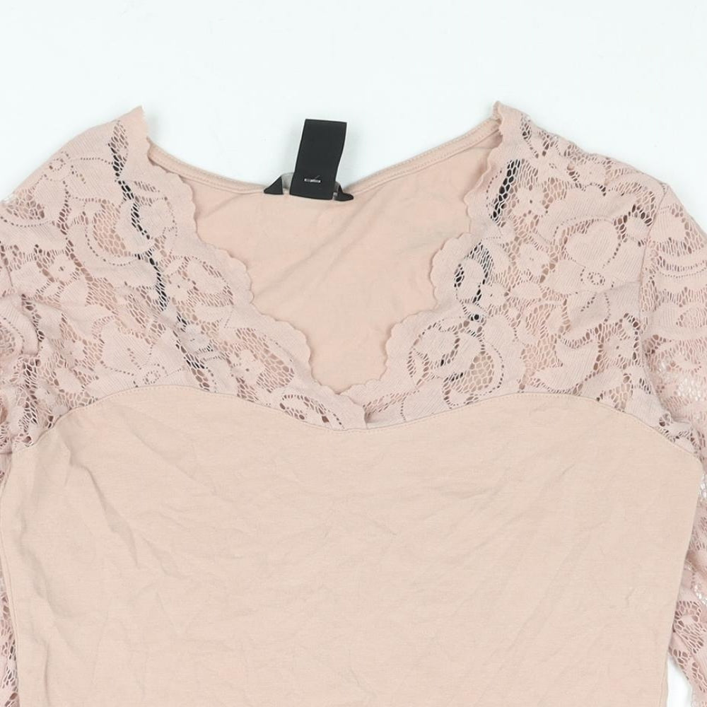 H&M Womens Pink Cotton Basic Blouse Size S V-Neck - Lace