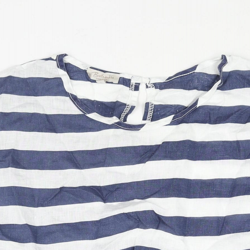 Bella Umbra Womens Blue Striped Linen Basic Blouse Size L Round Neck