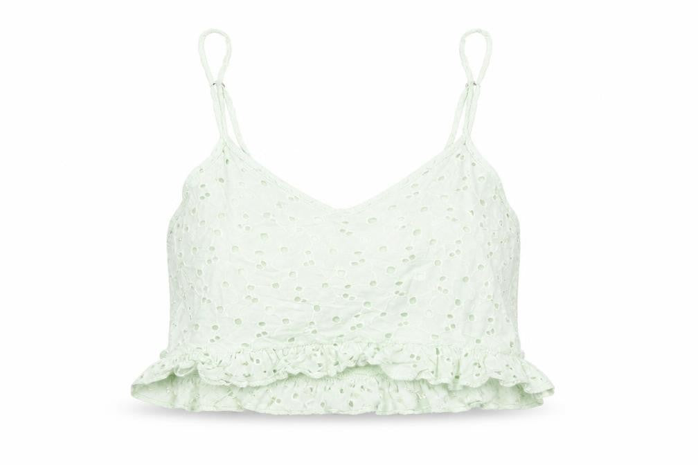 Zara Womens Green Cotton Cropped Blouse Size M Scoop Neck - Frill