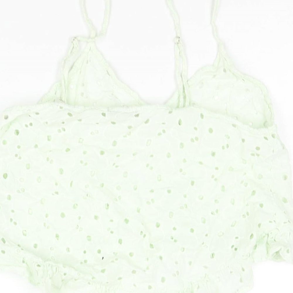 Zara Womens Green Cotton Cropped Blouse Size M Scoop Neck - Frill