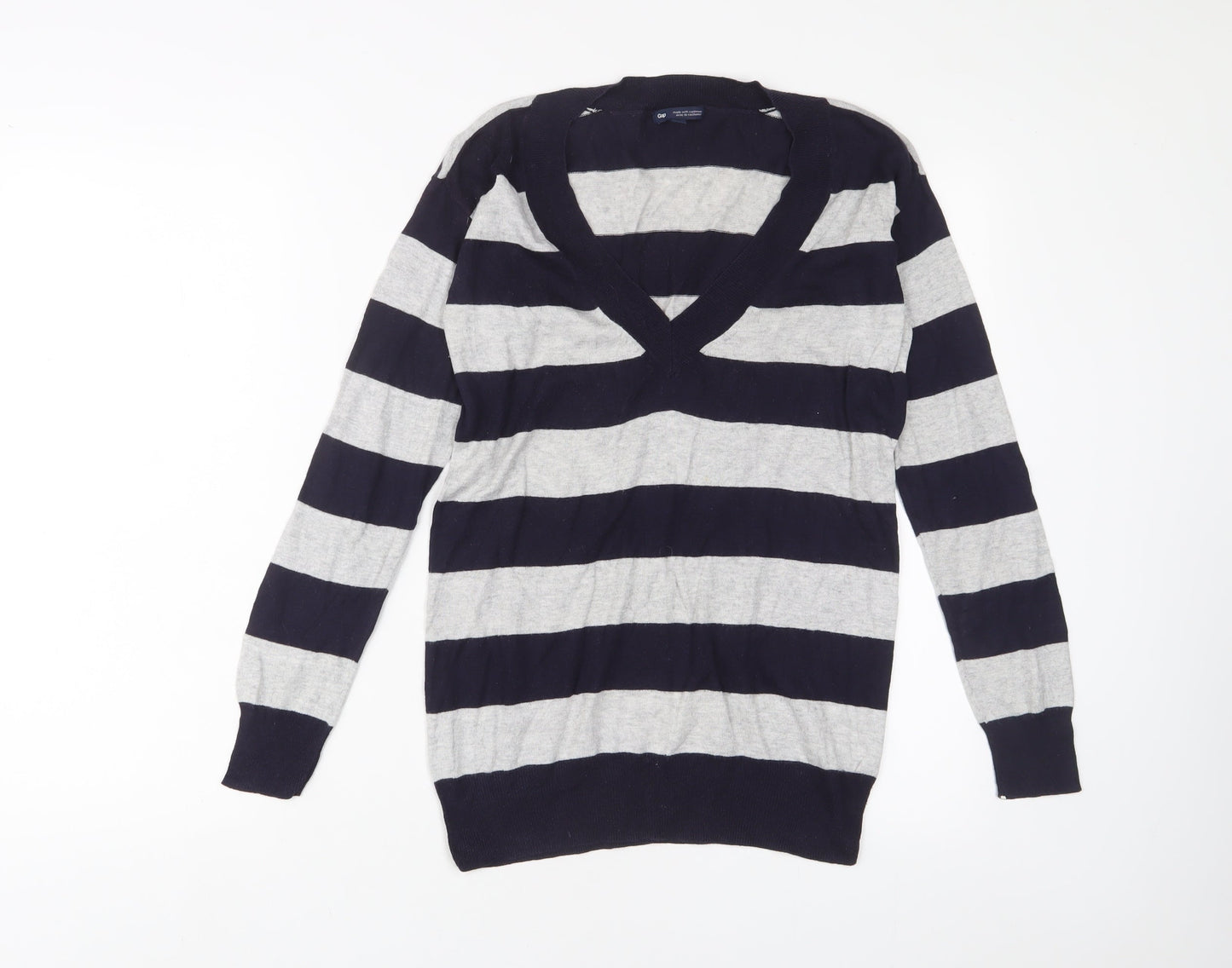 Gap Womens Blue V-Neck Striped Cotton Pullover Jumper Size XS