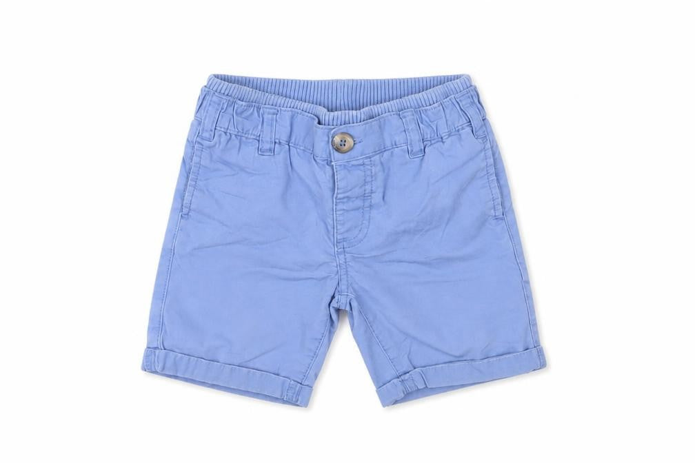 Front view of Mothercare Baby Blue Cotton Cropped Trousers, size 18-24, Months Button