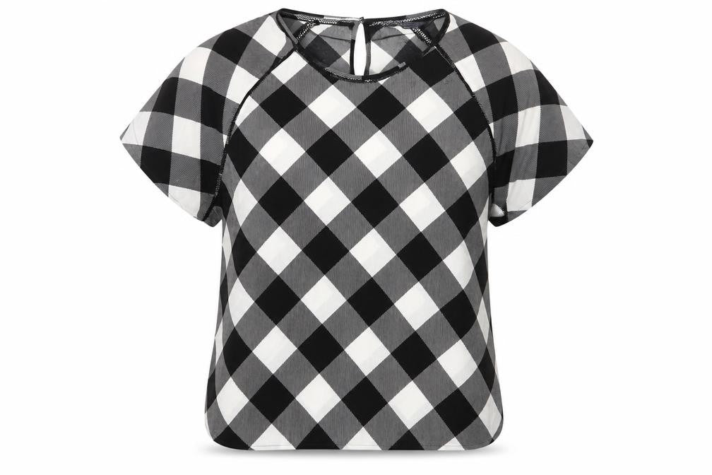 Marks and Spencer Womens Grey Plaid Polyester Basic T-Shirt Size 22 Crew Neck - Embroidered