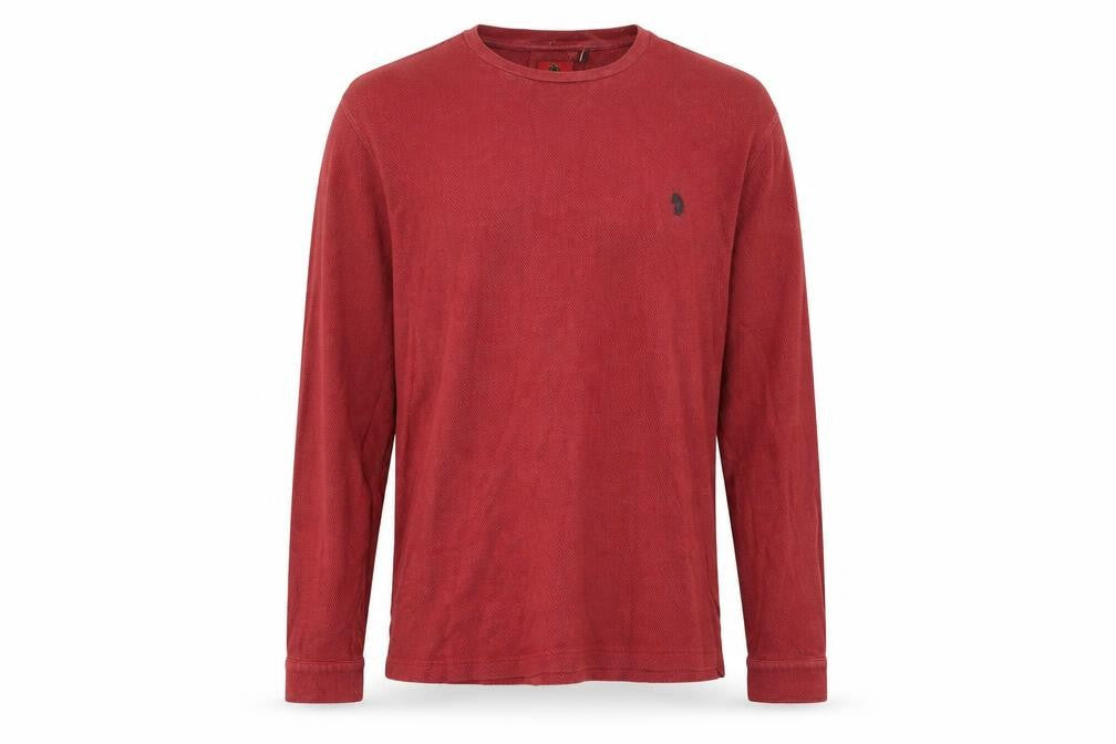 Front view of Luke men’s red cotton pullover sweatshirt, size L, - logo, embroidered