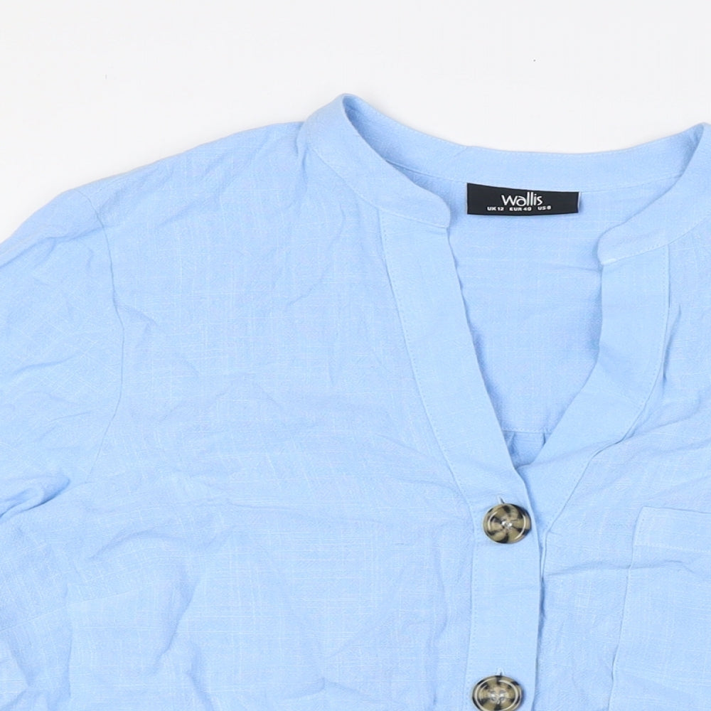 Wallis Womens Blue Viscose Basic Button-Up Size 12 V-Neck - Pocket