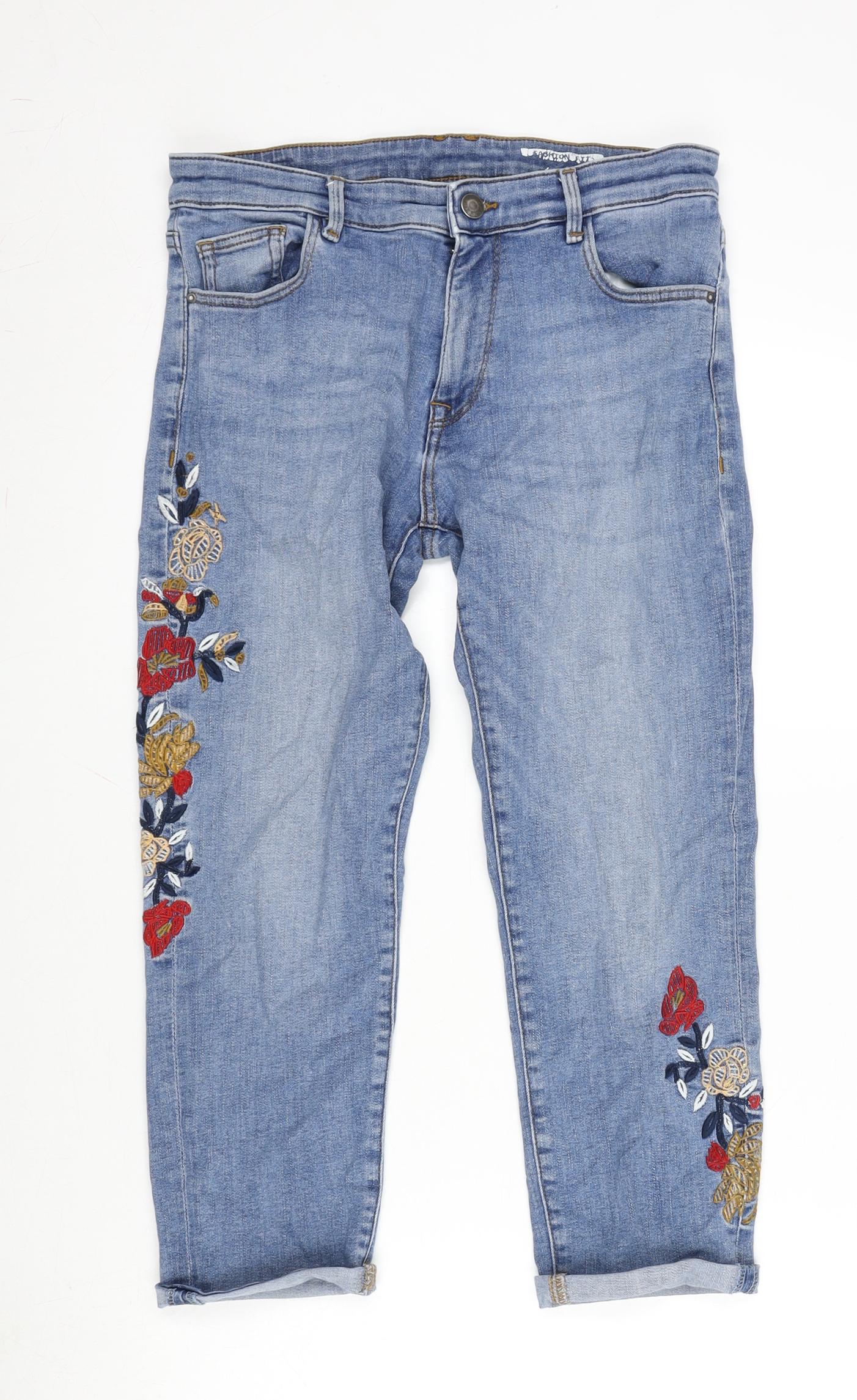 EDC Womens Blue Cotton Blend Cropped Jeans Size 28 in L21 in Regular Zip - Embroidered