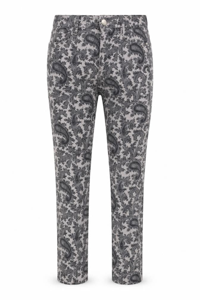 Front view of FC Jeans women’s grey paisley cotton blend straight jeans, size UK 10, 27-inch leg extra-slim zip