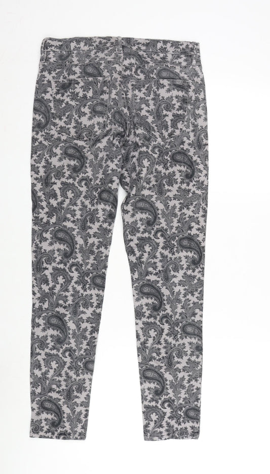 FC Jeans Womens Grey Paisley Cotton Blend Straight Jeans Size 10 L27 in Extra-Slim Zip