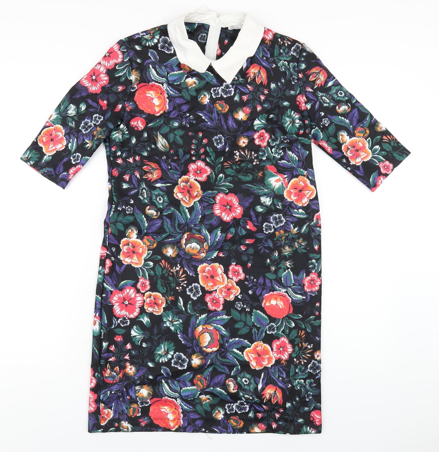 Zara Womens Multicoloured Floral Cotton A-Line Size S Collared Zip