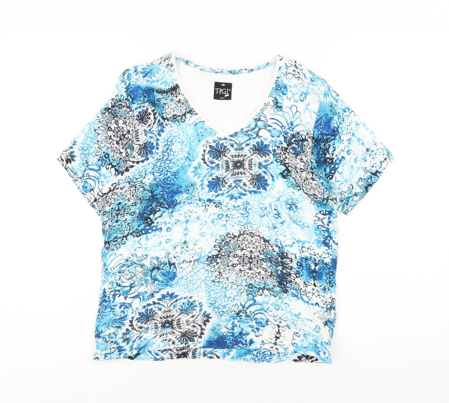 TIGI Womens Blue Geometric Cotton Basic T-Shirt Size 10 V-Neck