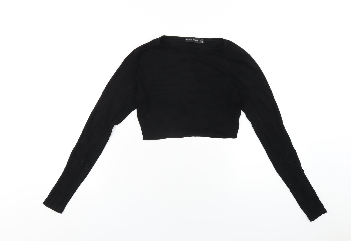 PRETTYLITTLETHING Womens Black Viscose Cropped T-Shirt Size 8 Round Neck