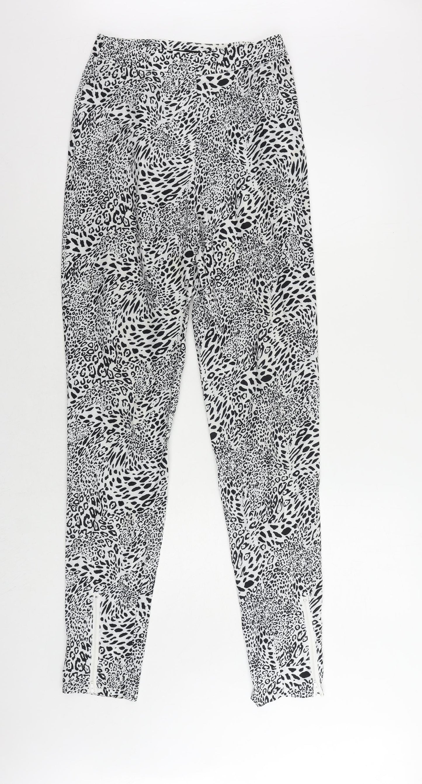 PRETTYLITTLETHING Womens Black Animal Print Polyester Trousers Size 8 L32 in Regular Zip - Ankle Zip
