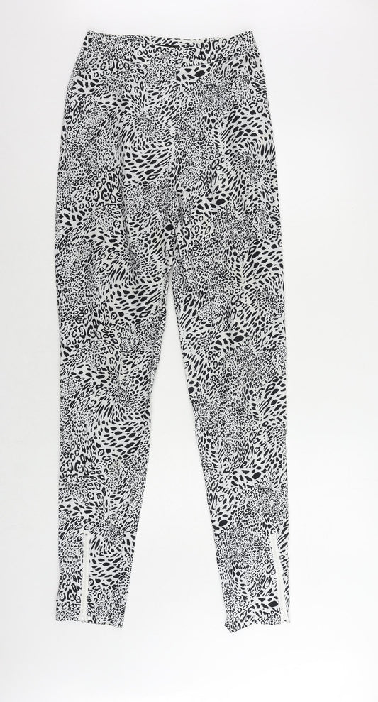 PRETTYLITTLETHING Womens Black Animal Print Polyester Trousers Size 8 L32 in Regular Zip - Ankle Zip