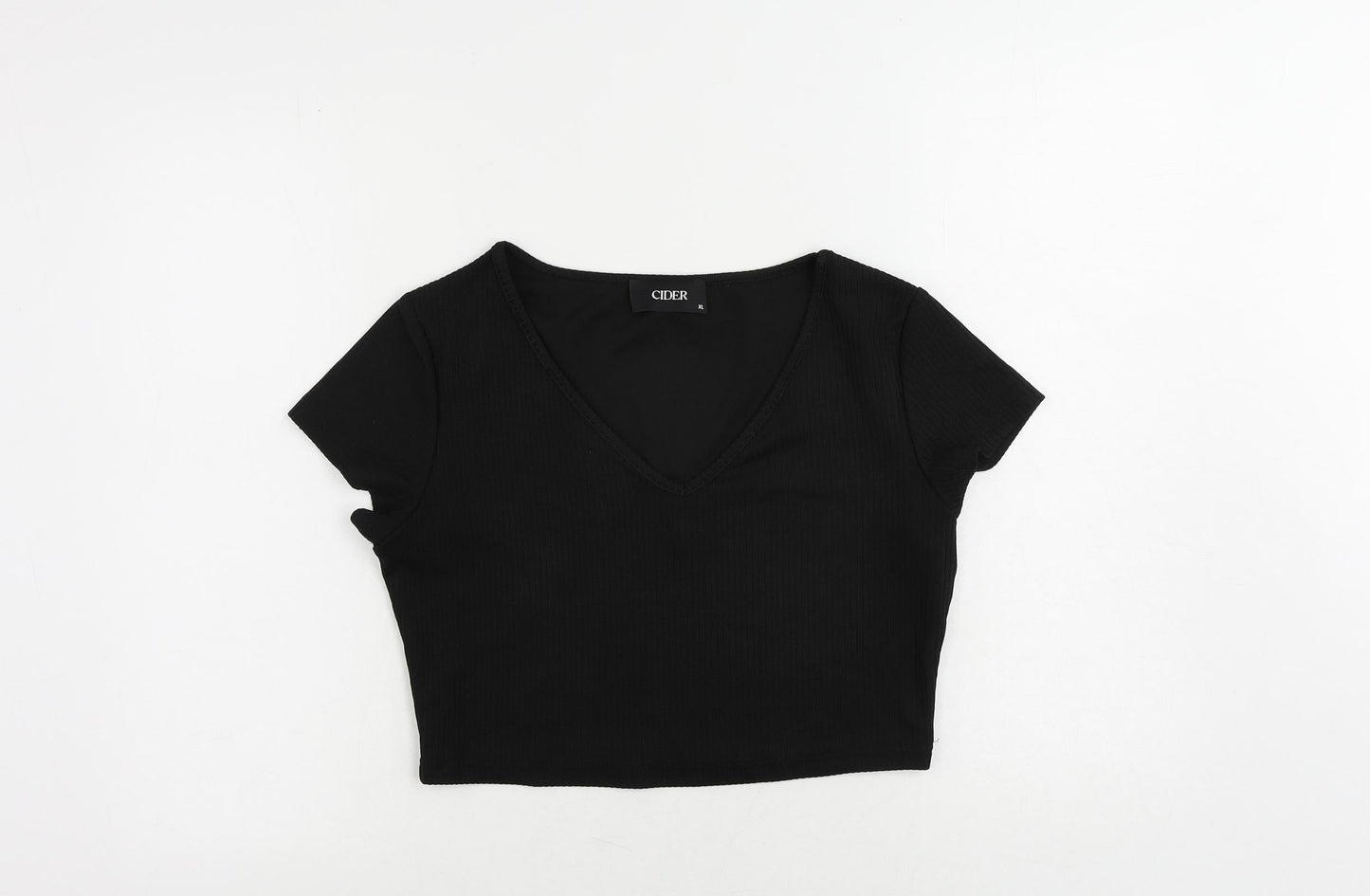 Cider Womens Black Polyester Cropped T-Shirt Size XL V-Neck - Ribbed