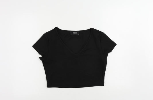 Cider Womens Black Polyester Cropped T-Shirt Size XL V-Neck - Ribbed