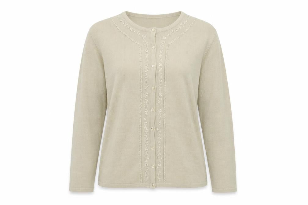 Bonmarché Womens Beige Round Neck Acrylic Cardigan Jumper Size L - Embroidered