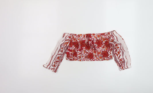 Khushi Womens Red Geometric Viscose Cropped Blouse Size S Square Neck