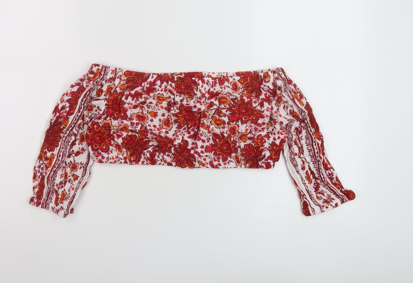 Khushi Womens Red Geometric Viscose Cropped Blouse Size S Square Neck