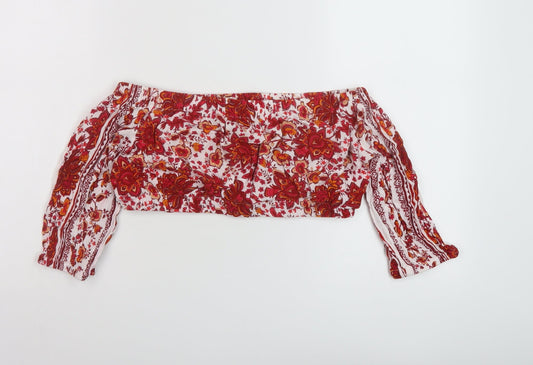 Khushi Womens Red Geometric Viscose Cropped Blouse Size S Square Neck