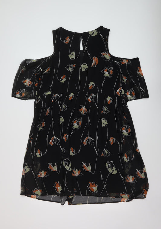Netc Womens Black Floral Polyester A-Line Size 12 Round Neck Button