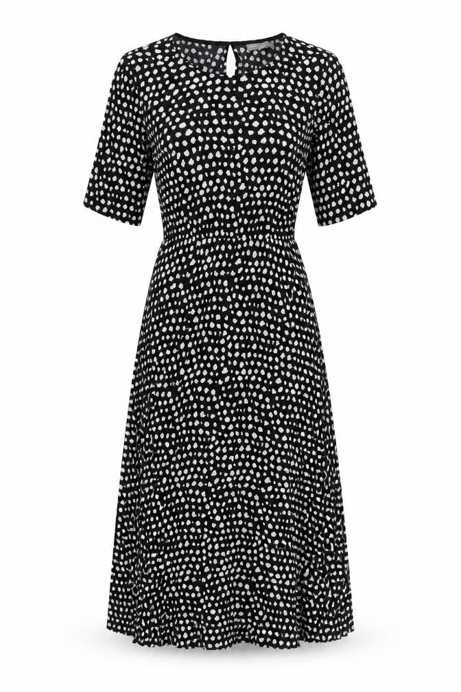 Front view of ASOS women’s black geometric polyester a-line, size UK 8, round neck button