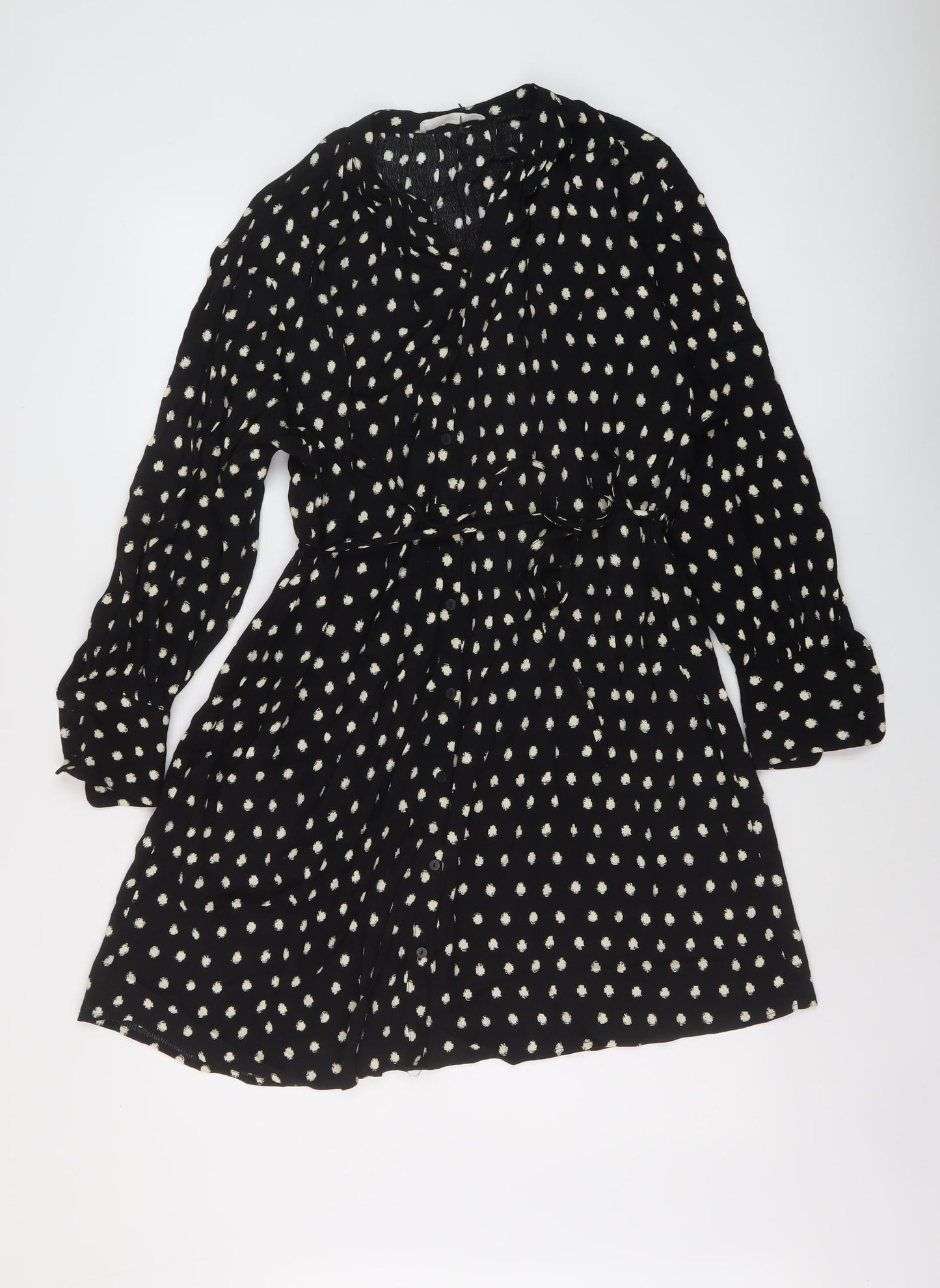 Mango Womens Black Geometric Viscose A-Line Size XS V-Neck Button