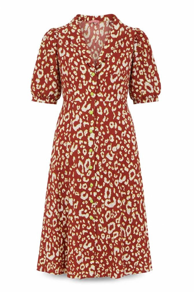 Kitiri Womens Brown Animal Print Polyester A-Line Size 8 V-Neck Button