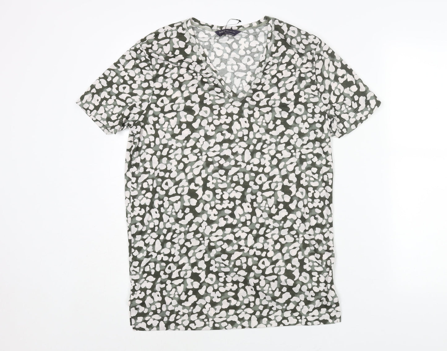 Marks and Spencer Womens Green Animal Print Polyester Basic T-Shirt Size 8 V-Neck - Leopard Print