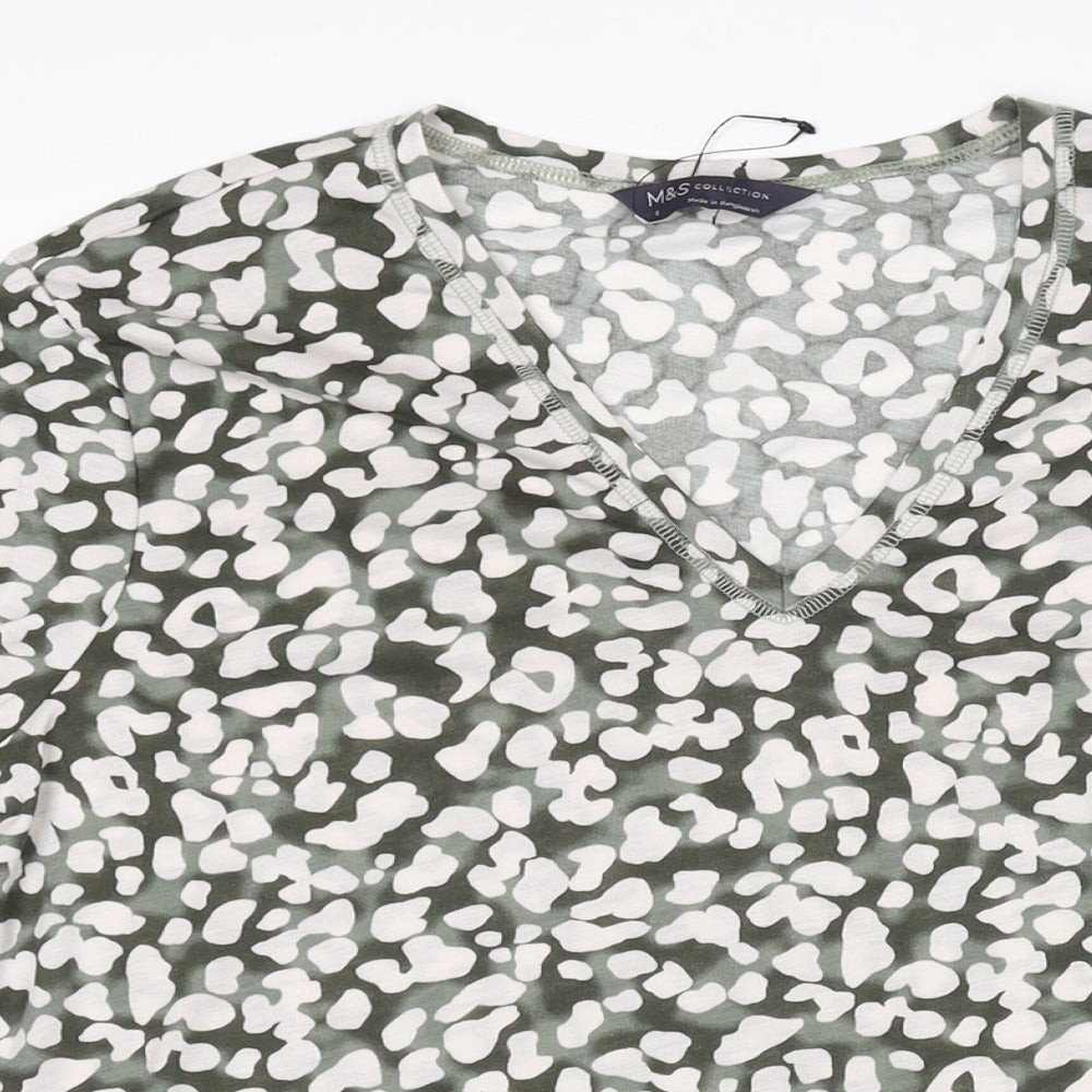 Marks and Spencer Womens Green Animal Print Polyester Basic T-Shirt Size 8 V-Neck - Leopard Print
