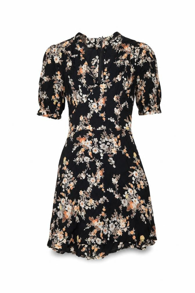 Front view of Miss Selfridge women’s multicoloured fair isle viscose a-line, size UK 4, v-neck zip - belted