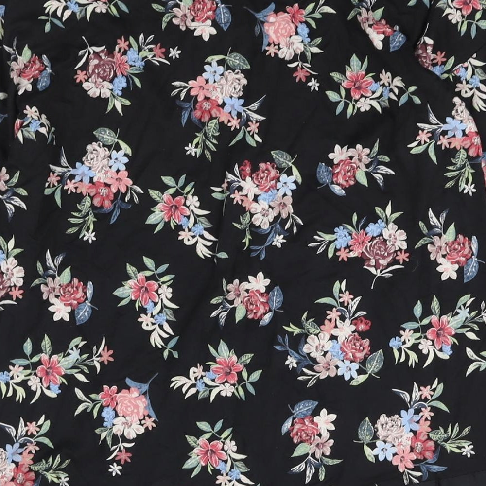 Marks and Spencer Womens Black Floral Viscose Basic Blouse Size 10 Round Neck - Tie Detail