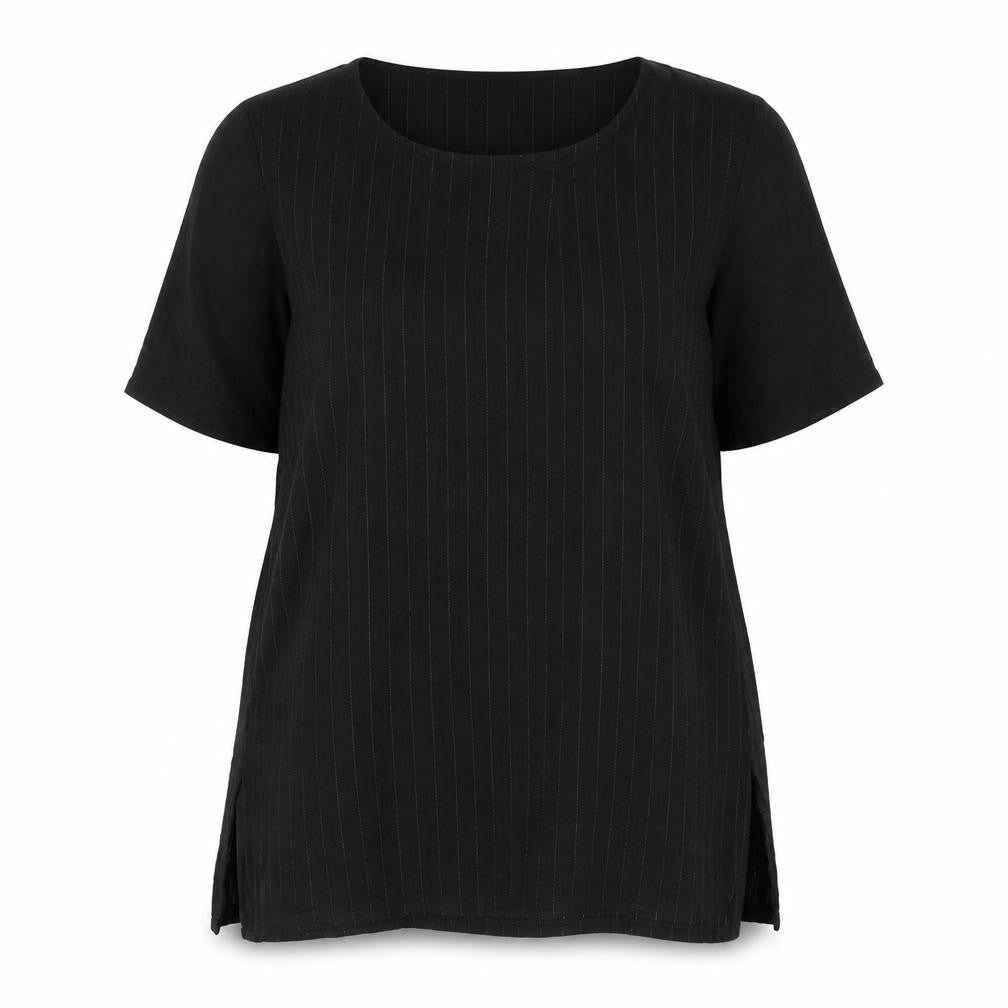 Front view of Autograph women’s black striped viscose basic blouse, size UK 14, round neck - mesh sleeves