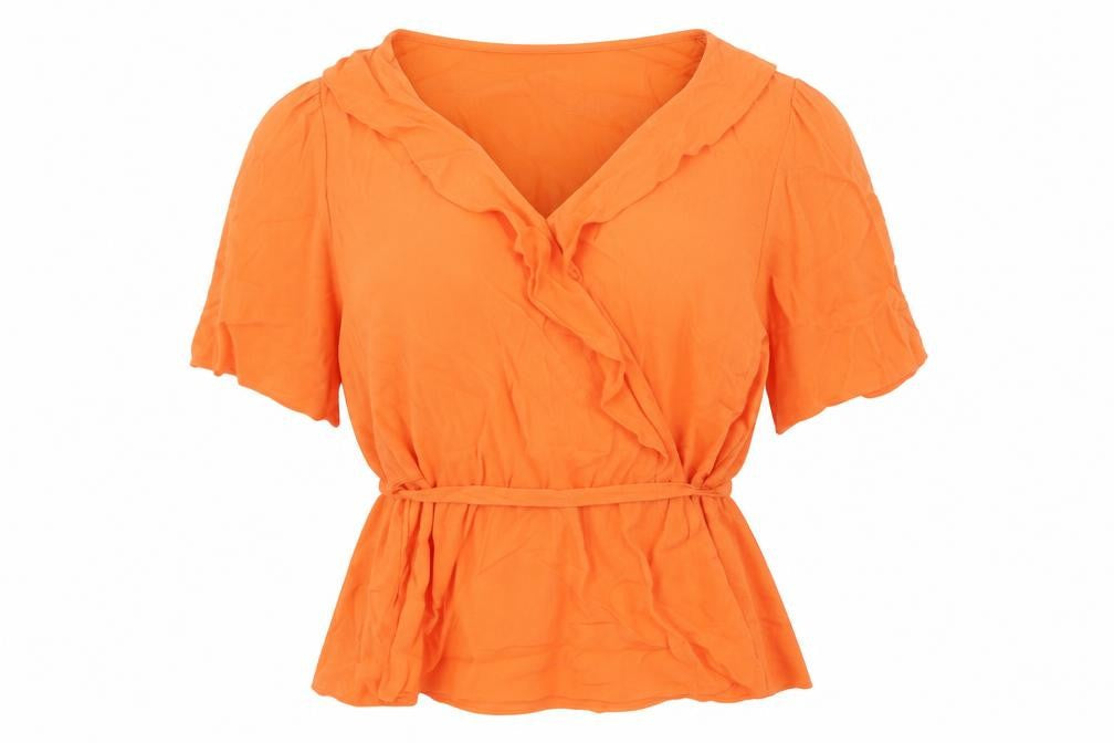 Marks and Spencer Womens Orange Viscose Basic Blouse Size 16 V-Neck - Belted Peplum Frill