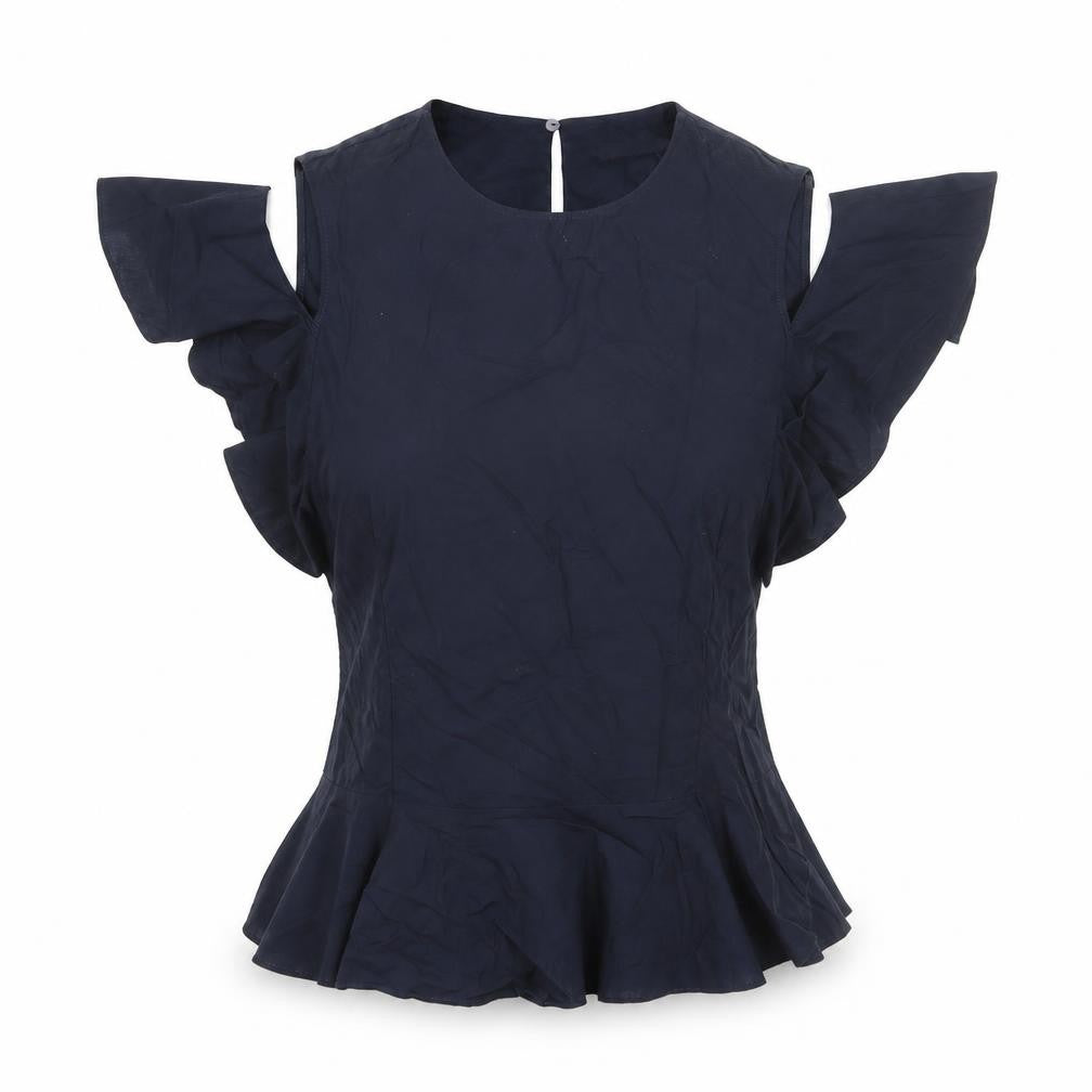 Marks and Spencer Womens Blue Cotton Basic Blouse Size 6 Round Neck - Frill Shoulder Cut Out