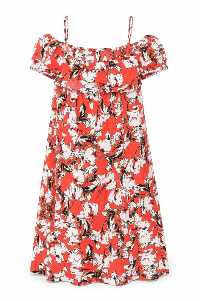 Front view of ICHI women’s red floral viscose shift, size S, scoop neck pullover - frill cold shoulder