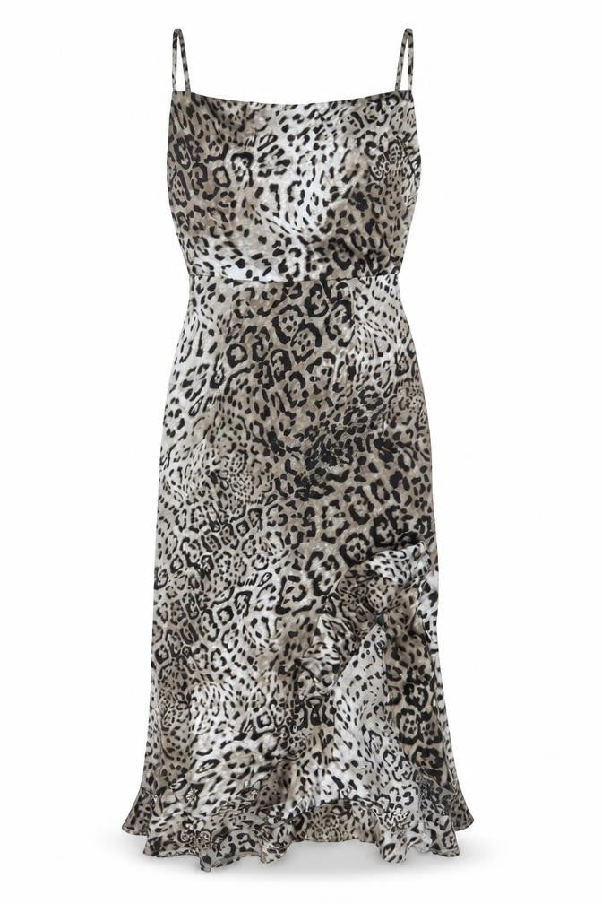 Front view of Missguided women’s grey animal print polyester a-line, size UK 12, cowl neck zip