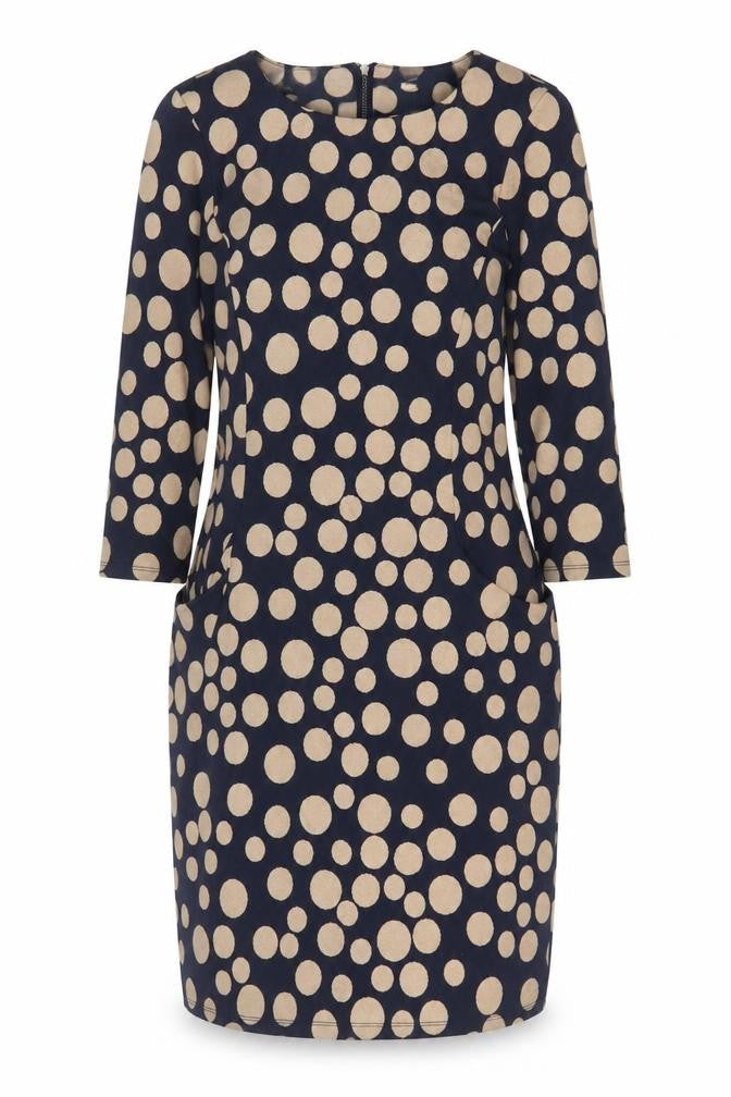 Front view of Roman women’s blue polka dot polyester sheath, size UK 10, boat neck zip