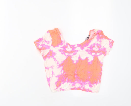 Republic Womens Pink Geometric Viscose Cropped T-Shirt Size 2XS Crew Neck