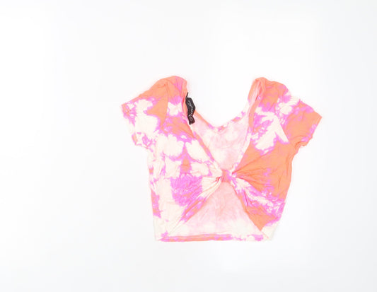 Republic Womens Pink Geometric Viscose Cropped T-Shirt Size 2XS Crew Neck