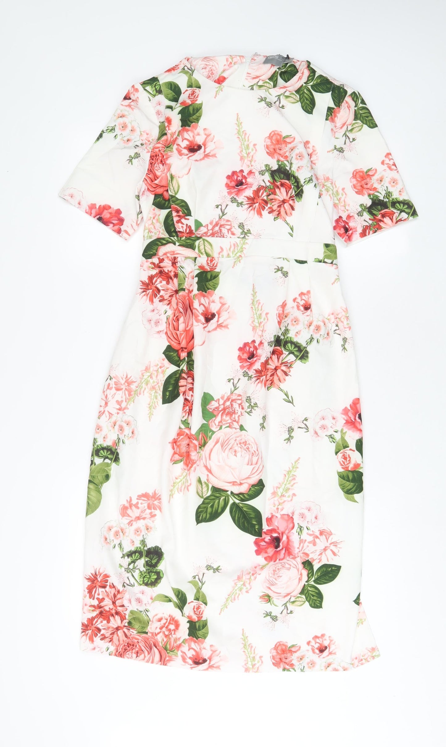 ASOS Womens White Floral Polyester Sheath Size 8 Crew Neck Zip