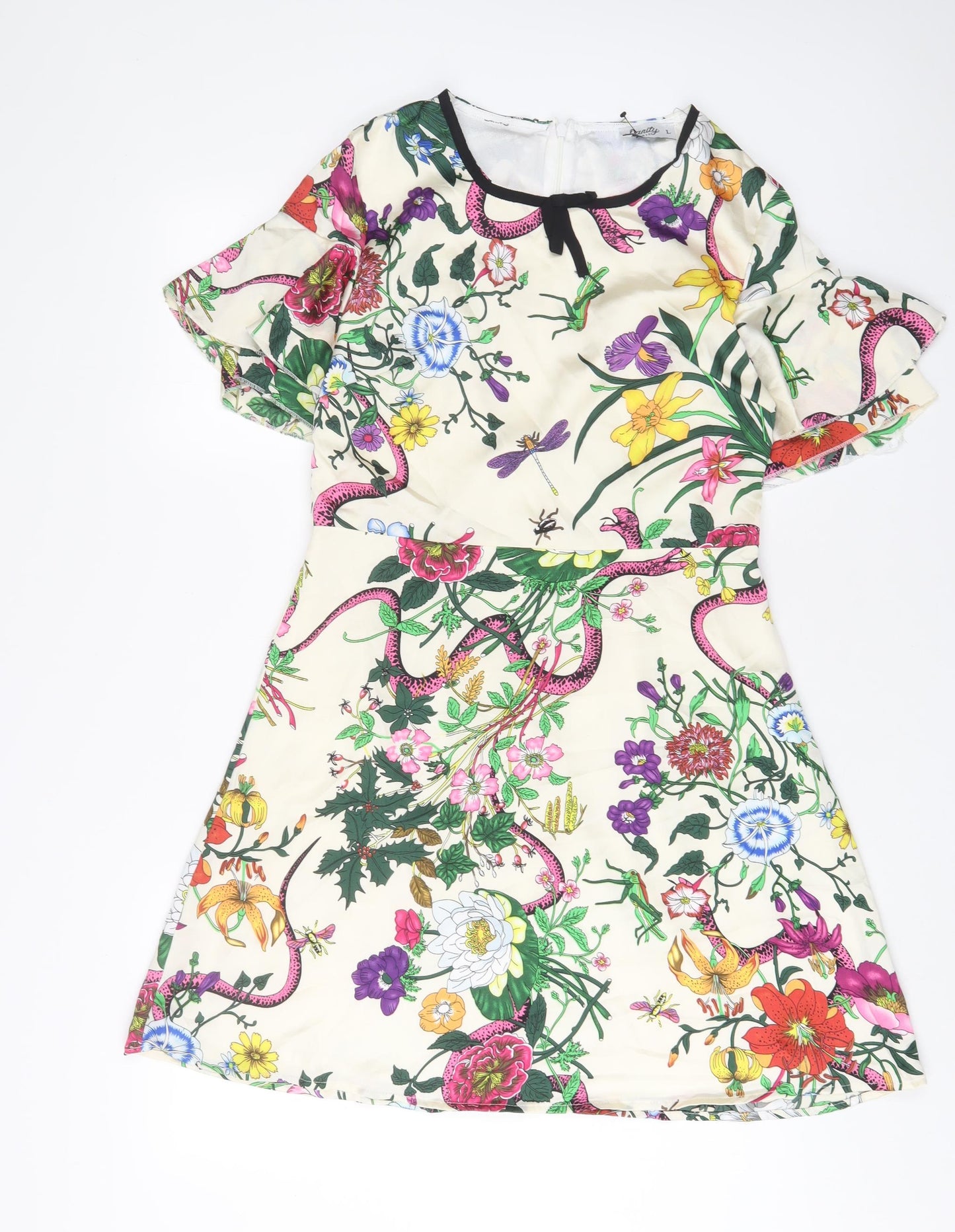 Danity Womens White Floral Polyester A-Line Size L Boat Neck Zip