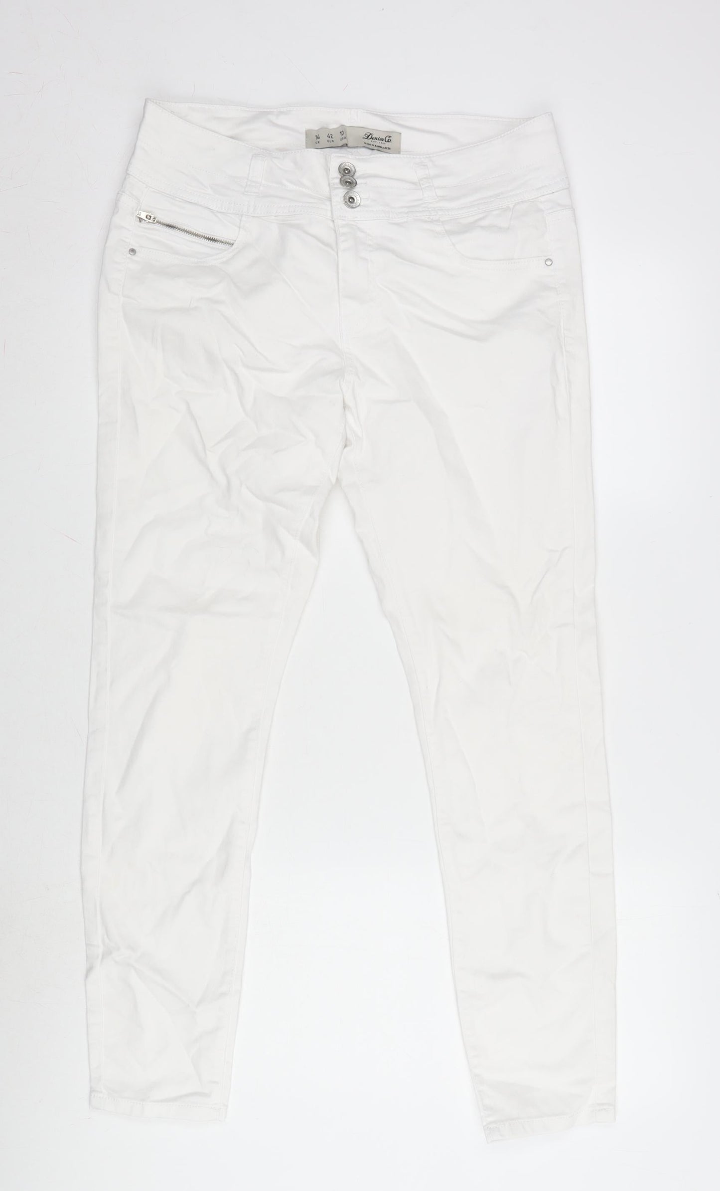 Denim & Co. Womens White Cotton Blend Straight Jeans Size 14 L28 in Extra-Slim Zip