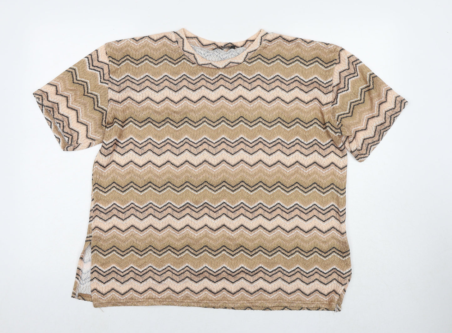 Stylewise Womens Beige Geometric Polyester Basic T-Shirt Size 14 Round Neck