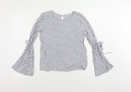 Pull&Bear Womens Blue Striped Viscose Basic Blouse Size S Round Neck - Flare Sleeve