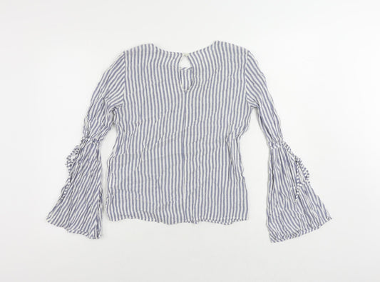 Pull&Bear Womens Blue Striped Viscose Basic Blouse Size S Round Neck - Flare Sleeve