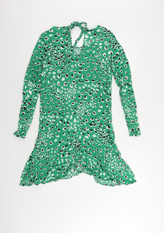 VILA Womens Green Animal Print Viscose Sheath Size 8 Boat Neck Tie - Ruffle