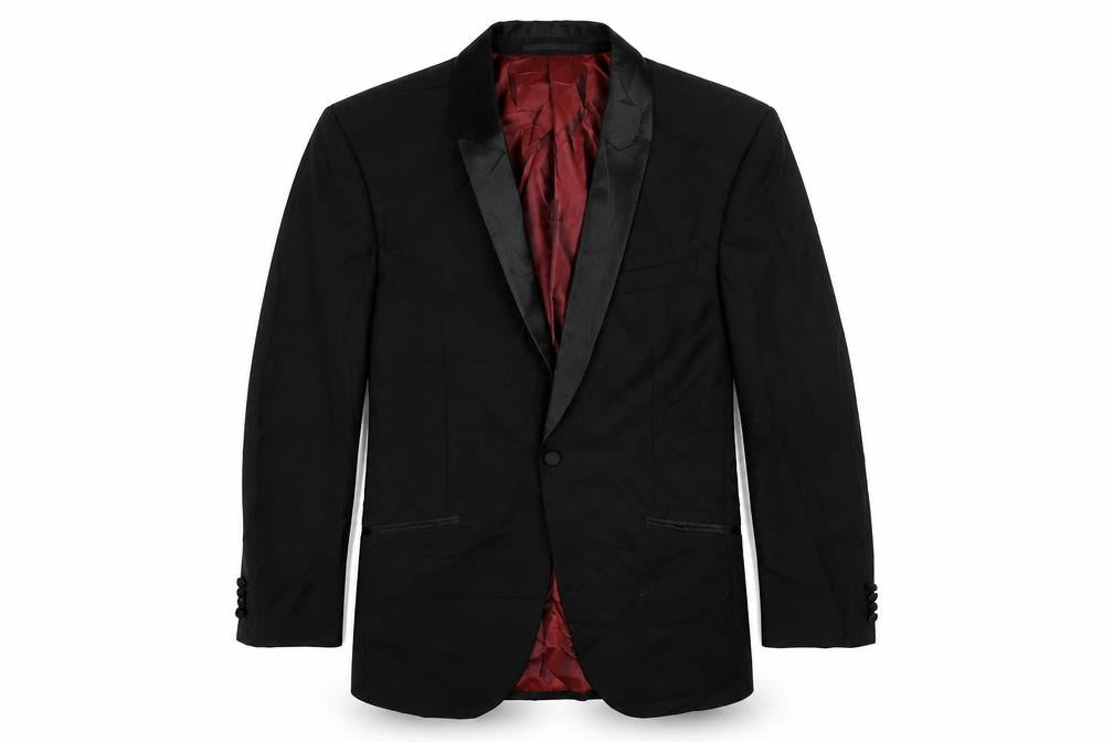 Front view of 1860 Menswear men’s black wool tuxedo suit jacket, size 40, regular